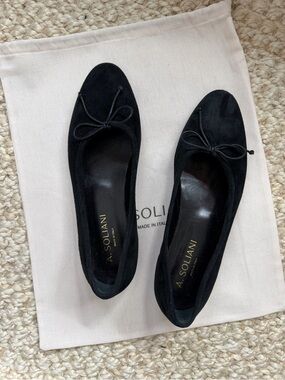 A. Soliani Black Suede Ballet Flats with Bow Accent